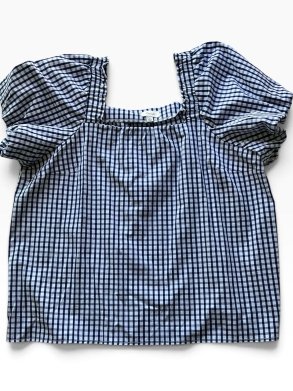 CeCe 1X Gingham Puff Sleeve 100% Cotton Blouse Navy White Cottagecore Coastal - Picture 4 of 7